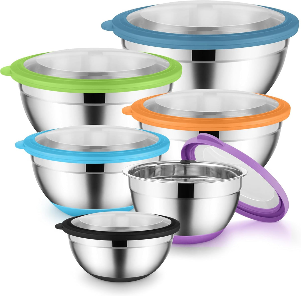 Mixing Bowls with Lids Set of 6, Large Metal Nesting Mixing Bowls, Stainless Steel Non-Slip Salad Bowl Khaki – Size 0.7, 1, 1.5, 2, 2.6, 4.6QT