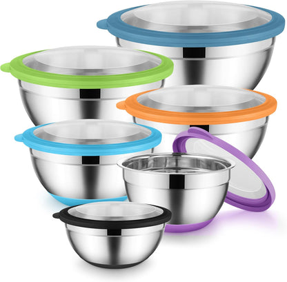 Mixing Bowls with Lids Set of 6, Large Metal Nesting Mixing Bowls, Stainless Steel Non-Slip Salad Bowl Khaki – Size 0.7, 1, 1.5, 2, 2.6, 4.6QT