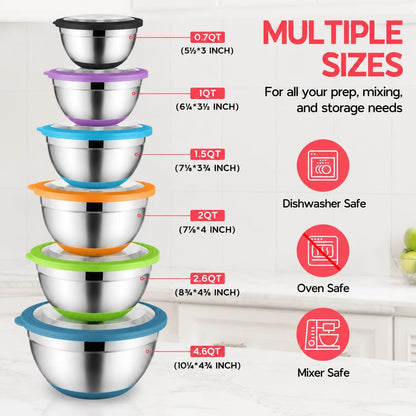 Mixing Bowls with Lids Set of 6, Large Metal Nesting Mixing Bowls, Stainless Steel Non-Slip Salad Bowl Khaki – Size 0.7, 1, 1.5, 2, 2.6, 4.6QT