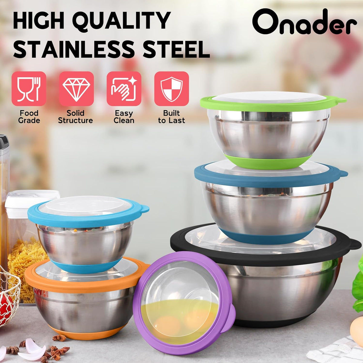 Mixing Bowls with Lids Set of 6, Large Metal Nesting Mixing Bowls, Stainless Steel Non-Slip Salad Bowl Khaki – Size 0.7, 1, 1.5, 2, 2.6, 4.6QT