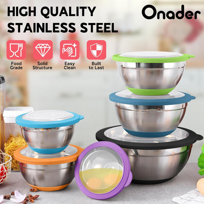 Mixing Bowls with Lids Set of 6, Large Metal Nesting Mixing Bowls, Stainless Steel Non-Slip Salad Bowl Khaki – Size 0.7, 1, 1.5, 2, 2.6, 4.6QT