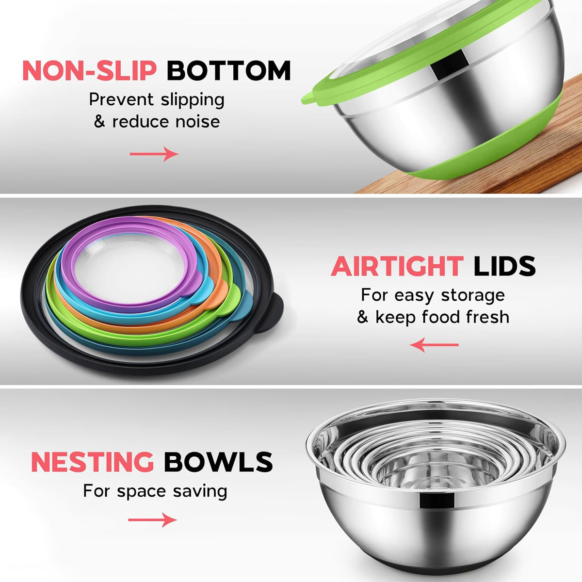 Mixing Bowls with Lids Set of 6, Large Metal Nesting Mixing Bowls, Stainless Steel Non-Slip Salad Bowl Khaki – Size 0.7, 1, 1.5, 2, 2.6, 4.6QT