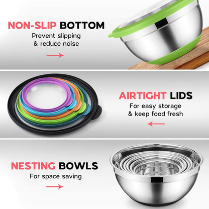 Mixing Bowls with Lids Set of 6, Large Metal Nesting Mixing Bowls, Stainless Steel Non-Slip Salad Bowl Khaki – Size 0.7, 1, 1.5, 2, 2.6, 4.6QT