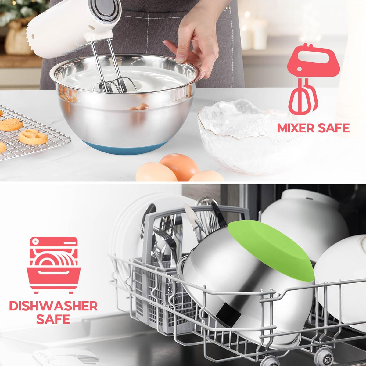 Mixing Bowls with Lids Set of 6, Large Metal Nesting Mixing Bowls, Stainless Steel Non-Slip Salad Bowl Khaki – Size 0.7, 1, 1.5, 2, 2.6, 4.6QT