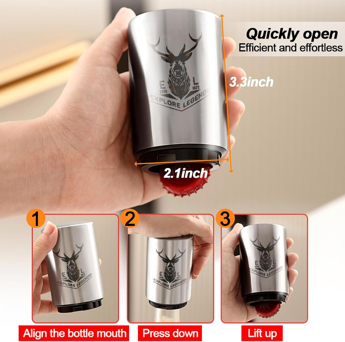 2PCS Beer Bottle Opener with Magnetic Cap, Automatic Stainless Steel One-Handed Bottle Cap Opener, Spring Loaded Push&Pop for Kitchen Home Bar Restaurant Household Utensils Destapador de Cerveza