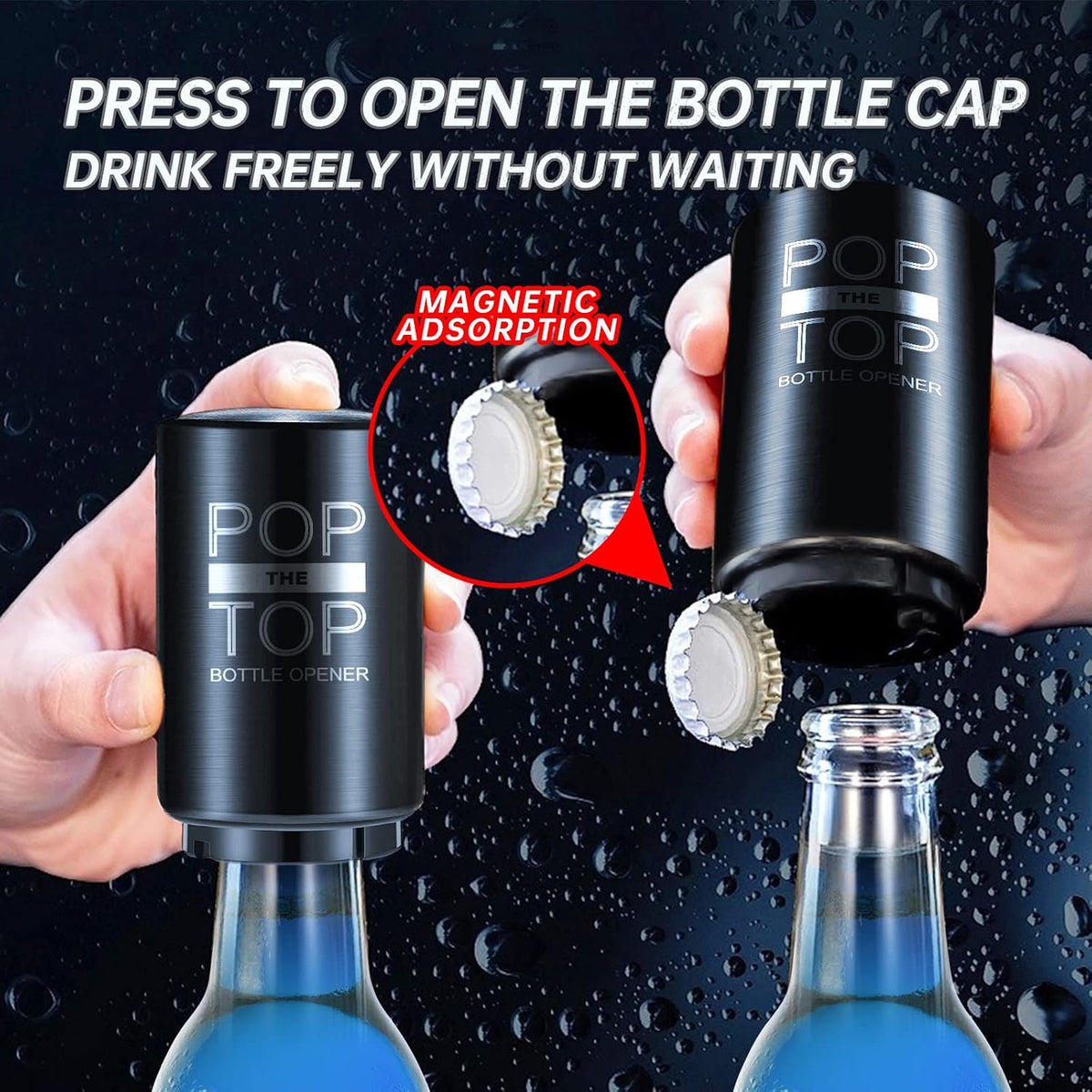 2PCS Beer Bottle Opener with Magnetic Cap, Automatic Stainless Steel One-Handed Bottle Cap Opener, Spring Loaded Push&Pop for Kitchen Home Bar Restaurant Household Utensils Destapador de Cerveza
