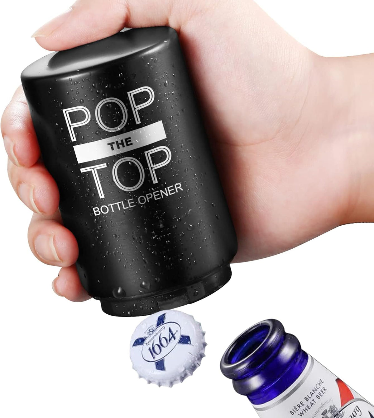 2PCS Beer Bottle Opener with Magnetic Cap, Automatic Stainless Steel One-Handed Bottle Cap Opener, Spring Loaded Push&Pop for Kitchen Home Bar Restaurant Household Utensils Destapador de Cerveza