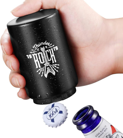 2PCS Beer Bottle Opener with Magnetic Cap, Automatic Stainless Steel One-Handed Bottle Cap Opener, Spring Loaded Push&Pop for Kitchen Home Bar Restaurant Household Utensils Destapador de Cerveza