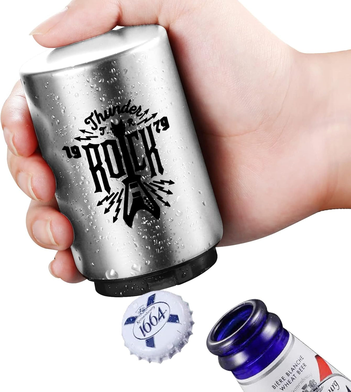 2PCS Beer Bottle Opener with Magnetic Cap, Automatic Stainless Steel One-Handed Bottle Cap Opener, Spring Loaded Push&Pop for Kitchen Home Bar Restaurant Household Utensils Destapador de Cerveza