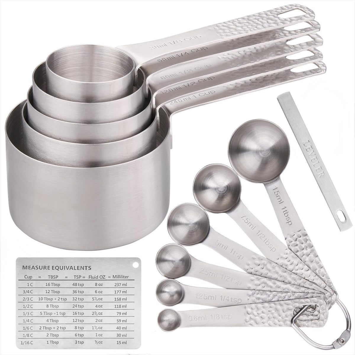Measuring Cups and Spoons Set 14, 18/8 Stainless Steel Measuring Cups and spoons for Baking & Kitchen, Metal Metric&US 5 Measure Cups and 6 Spoon &Leveler&Measure Equivalents for Dry&Liquid