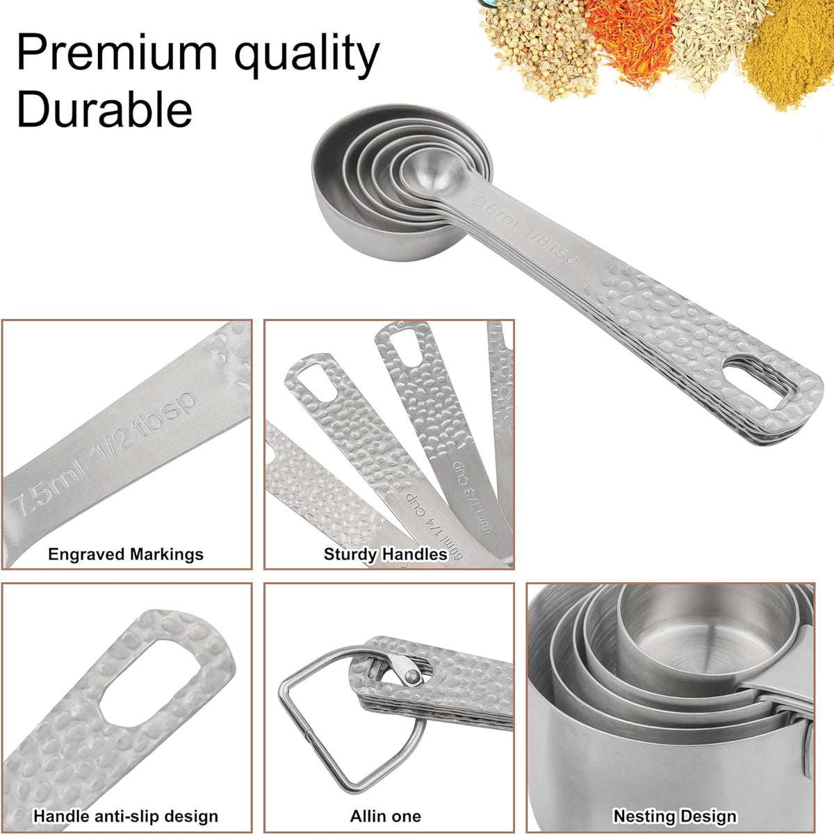Measuring Cups and Spoons Set 14, 18/8 Stainless Steel Measuring Cups and spoons for Baking & Kitchen, Metal Metric&US 5 Measure Cups and 6 Spoon &Leveler&Measure Equivalents for Dry&Liquid
