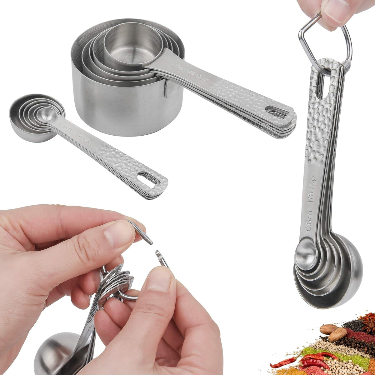 Measuring Cups and Spoons Set 14, 18/8 Stainless Steel Measuring Cups and spoons for Baking & Kitchen, Metal Metric&US 5 Measure Cups and 6 Spoon &Leveler&Measure Equivalents for Dry&Liquid