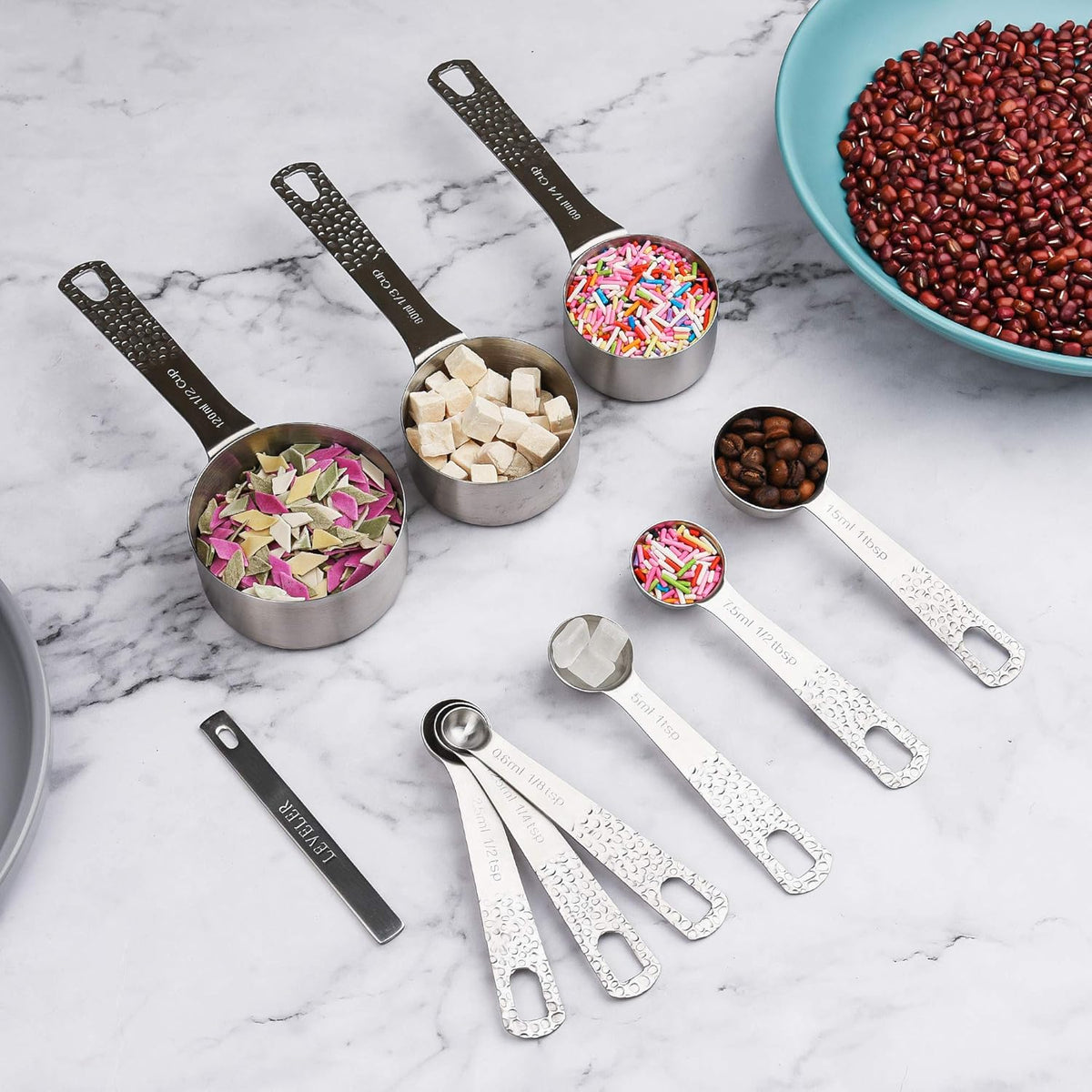 Measuring Cups and Spoons Set 14, 18/8 Stainless Steel Measuring Cups and spoons for Baking & Kitchen, Metal Metric&US 5 Measure Cups and 6 Spoon &Leveler&Measure Equivalents for Dry&Liquid