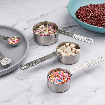 Measuring Cups and Spoons Set 14, 18/8 Stainless Steel Measuring Cups and spoons for Baking & Kitchen, Metal Metric&US 5 Measure Cups and 6 Spoon &Leveler&Measure Equivalents for Dry&Liquid