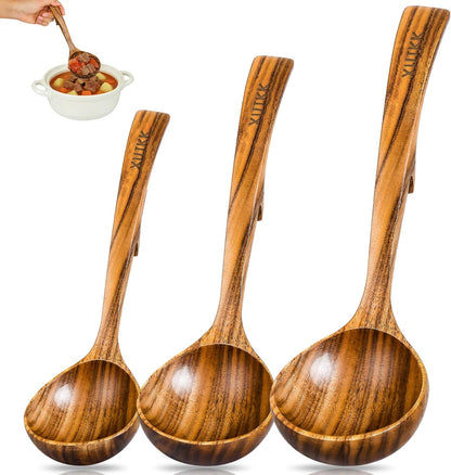 3 Size Natural Wooden Ladle for Soup, Teak Wood Ladle Spoon with Back Hooks | Heat-Resistant & Non-Stick Wood Kitchen Utensils Set for Cooking, Serving & Stirring, Comfortable Grip, Safe for Cookware