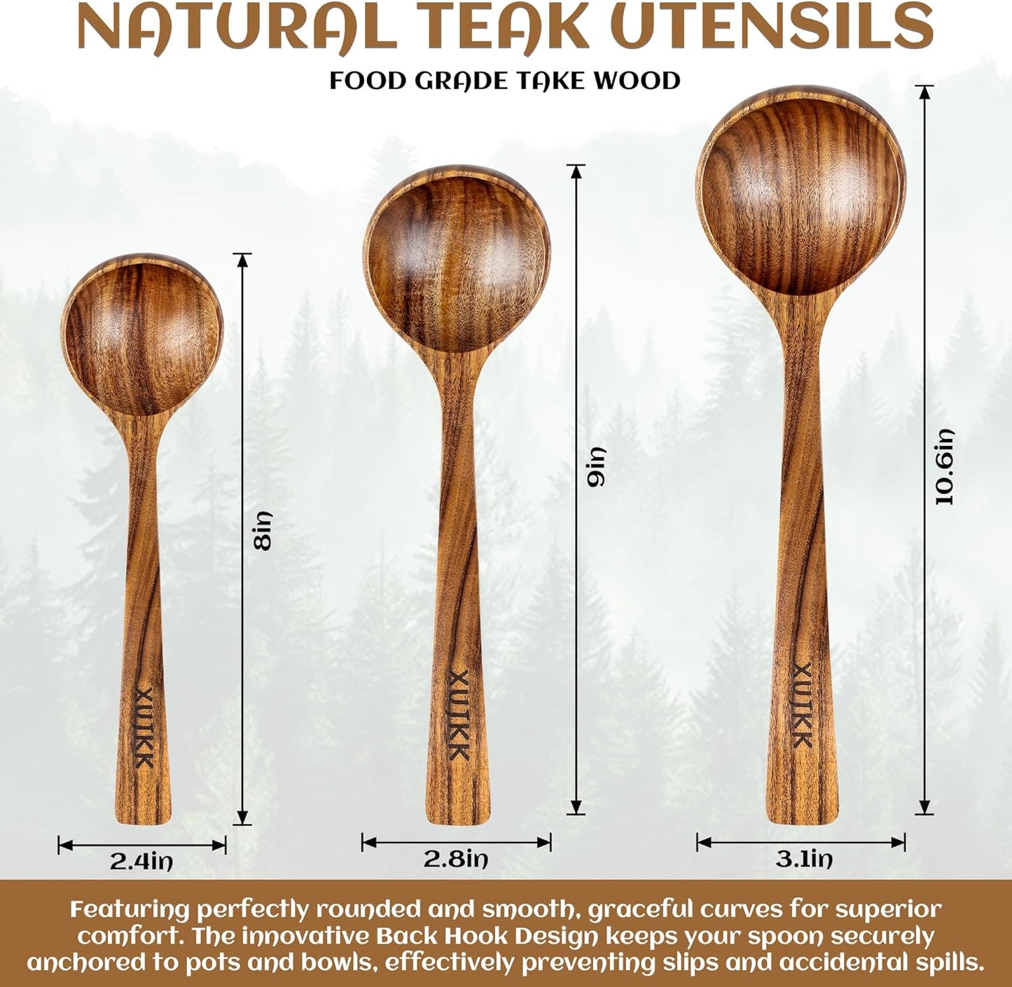 3 Size Natural Wooden Ladle for Soup, Teak Wood Ladle Spoon with Back Hooks | Heat-Resistant & Non-Stick Wood Kitchen Utensils Set for Cooking, Serving & Stirring, Comfortable Grip, Safe for Cookware