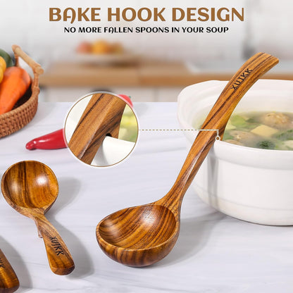 3 Size Natural Wooden Ladle for Soup, Teak Wood Ladle Spoon with Back Hooks | Heat-Resistant & Non-Stick Wood Kitchen Utensils Set for Cooking, Serving & Stirring, Comfortable Grip, Safe for Cookware