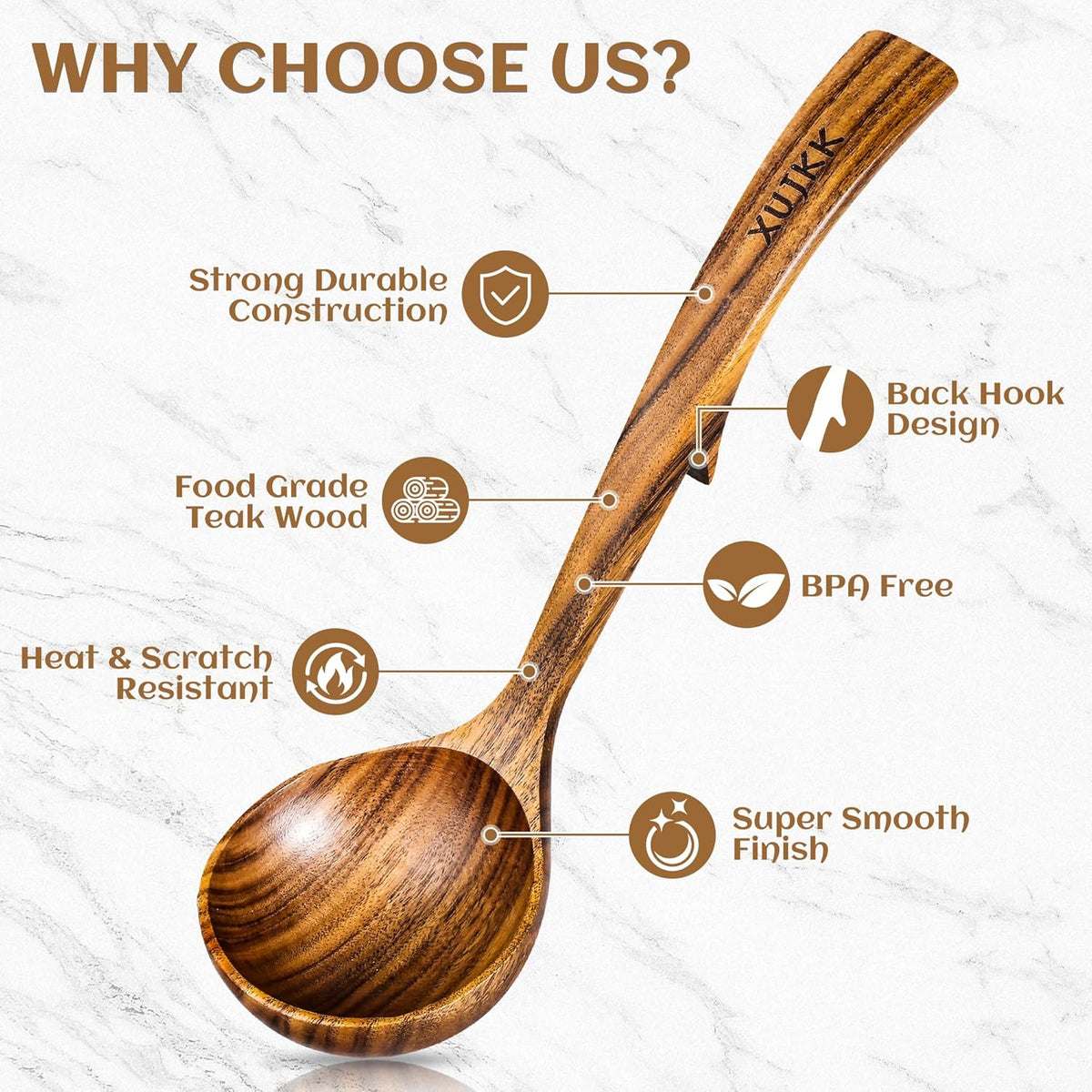 3 Size Natural Wooden Ladle for Soup, Teak Wood Ladle Spoon with Back Hooks | Heat-Resistant & Non-Stick Wood Kitchen Utensils Set for Cooking, Serving & Stirring, Comfortable Grip, Safe for Cookware