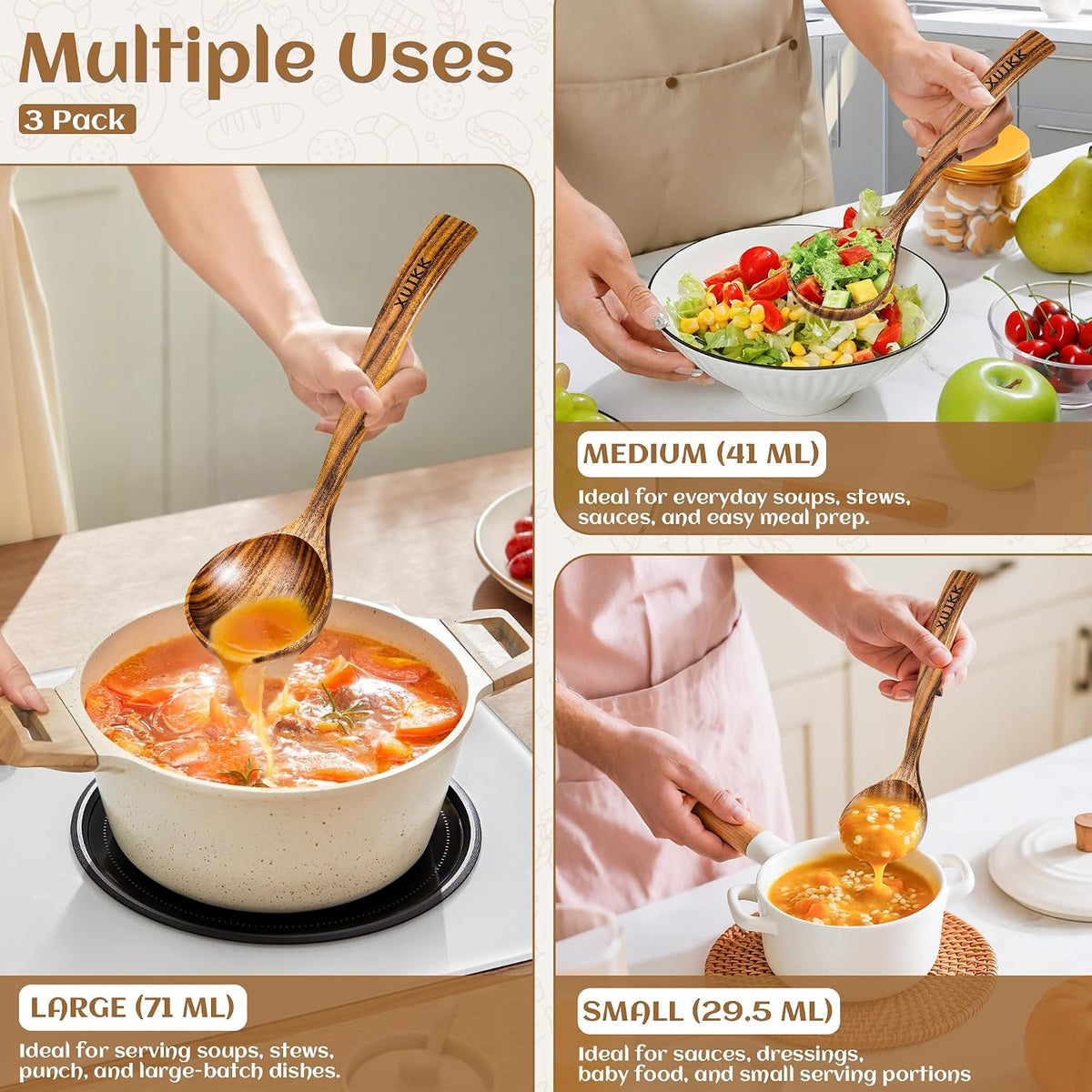3 Size Natural Wooden Ladle for Soup, Teak Wood Ladle Spoon with Back Hooks | Heat-Resistant & Non-Stick Wood Kitchen Utensils Set for Cooking, Serving & Stirring, Comfortable Grip, Safe for Cookware