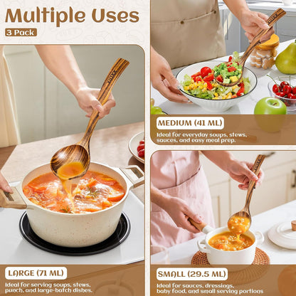 3 Size Natural Wooden Ladle for Soup, Teak Wood Ladle Spoon with Back Hooks | Heat-Resistant & Non-Stick Wood Kitchen Utensils Set for Cooking, Serving & Stirring, Comfortable Grip, Safe for Cookware
