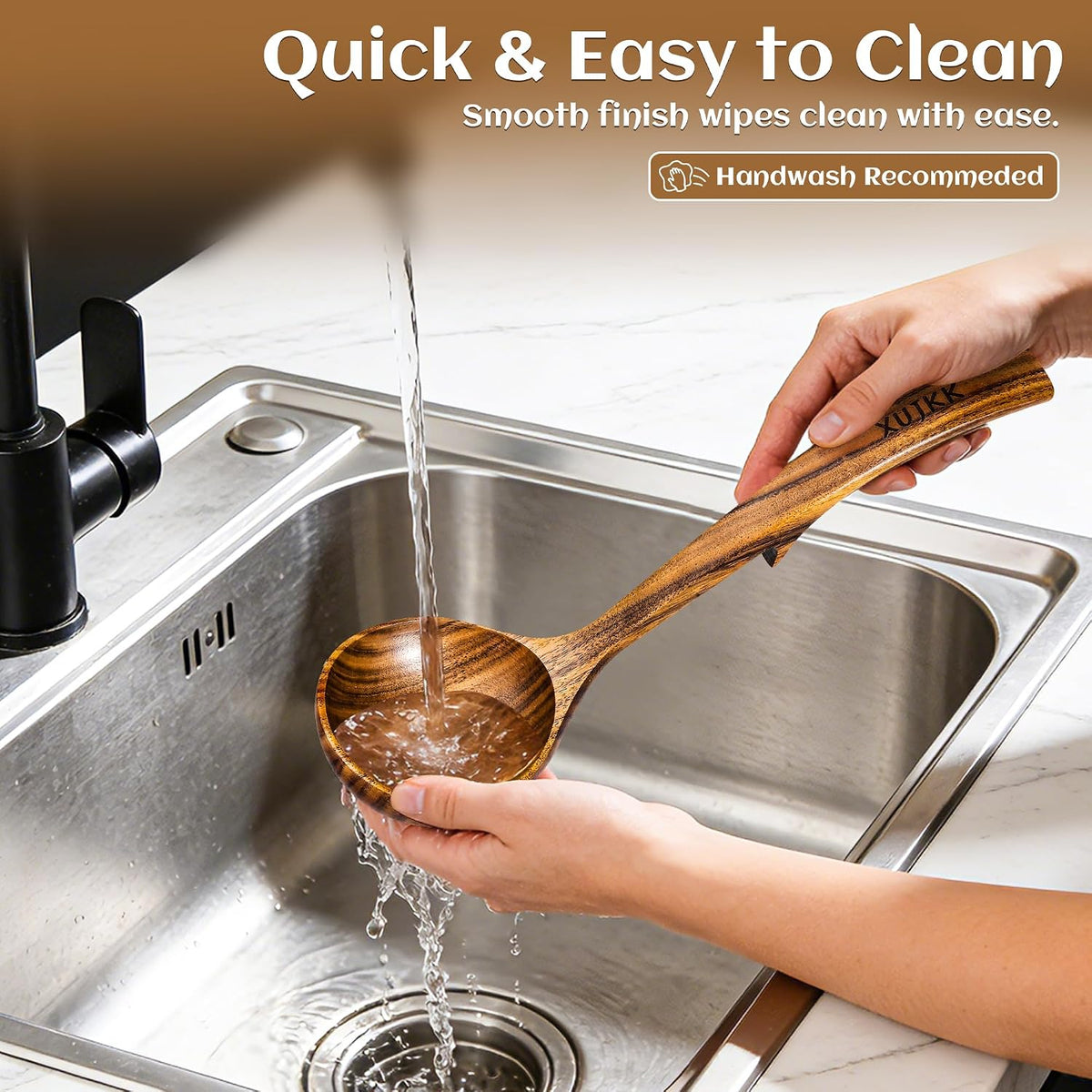 3 Size Natural Wooden Ladle for Soup, Teak Wood Ladle Spoon with Back Hooks | Heat-Resistant & Non-Stick Wood Kitchen Utensils Set for Cooking, Serving & Stirring, Comfortable Grip, Safe for Cookware