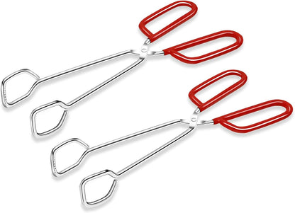 10-Inch Heavy Duty Stainless Steel Kitchen Tongs - Non-Slip Comfortable Red Grip, Scissor Design, Heat Resistant for BBQ and Cooking