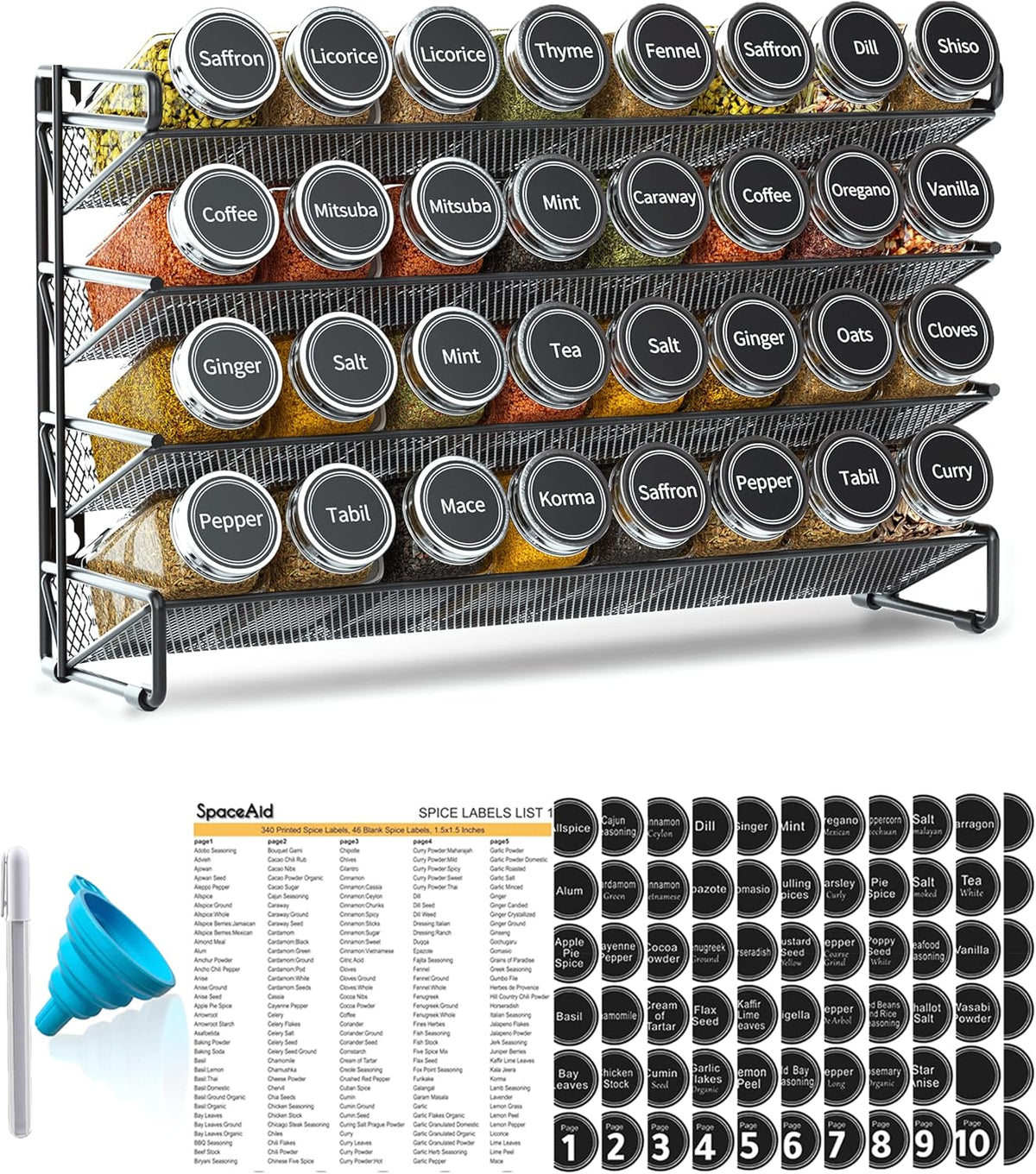 Spice Rack Organizer with 32 Spice Jars, 386 Spice Labels, Chalk Marker and Funnel Set for Cabinet, Countertop, Pantry, Cupboard or Door & Wall Mount - 32 Jars, 15.3" W × 10.8" H, Black