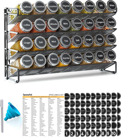 Spice Rack Organizer with 32 Spice Jars, 386 Spice Labels, Chalk Marker and Funnel Set for Cabinet, Countertop, Pantry, Cupboard or Door & Wall Mount - 32 Jars, 15.3" W × 10.8" H, Black