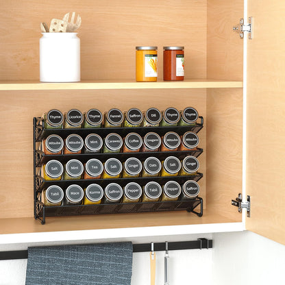 Spice Rack Organizer with 32 Spice Jars, 386 Spice Labels, Chalk Marker and Funnel Set for Cabinet, Countertop, Pantry, Cupboard or Door & Wall Mount - 32 Jars, 15.3" W × 10.8" H, Black