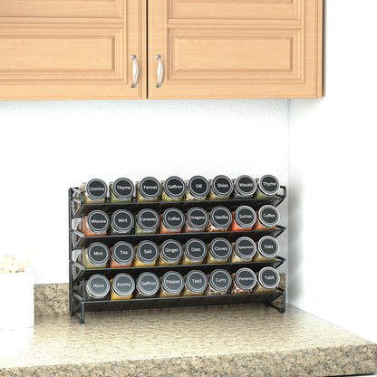 Spice Rack Organizer with 32 Spice Jars, 386 Spice Labels, Chalk Marker and Funnel Set for Cabinet, Countertop, Pantry, Cupboard or Door & Wall Mount - 32 Jars, 15.3" W × 10.8" H, Black