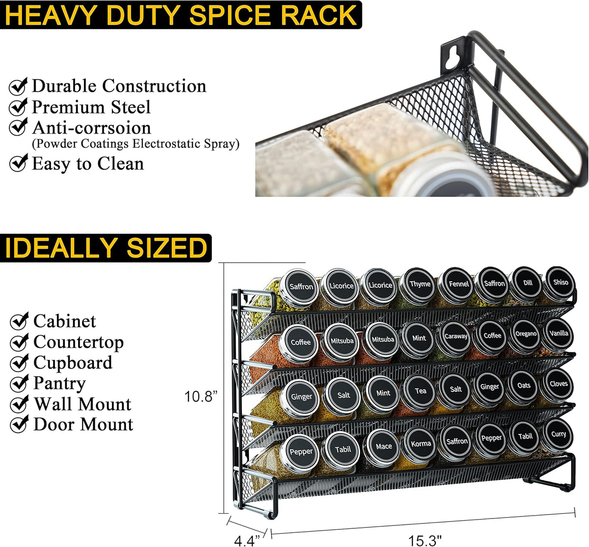 Spice Rack Organizer with 32 Spice Jars, 386 Spice Labels, Chalk Marker and Funnel Set for Cabinet, Countertop, Pantry, Cupboard or Door & Wall Mount - 32 Jars, 15.3" W × 10.8" H, Black