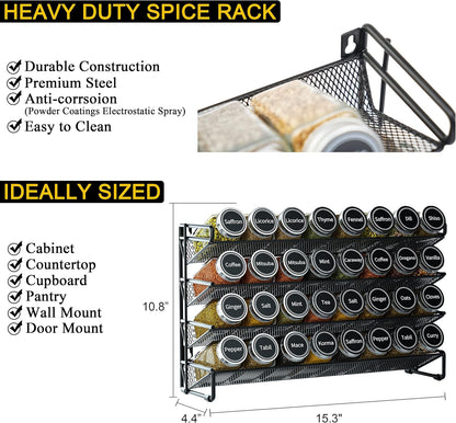 Spice Rack Organizer with 32 Spice Jars, 386 Spice Labels, Chalk Marker and Funnel Set for Cabinet, Countertop, Pantry, Cupboard or Door & Wall Mount - 32 Jars, 15.3" W × 10.8" H, Black