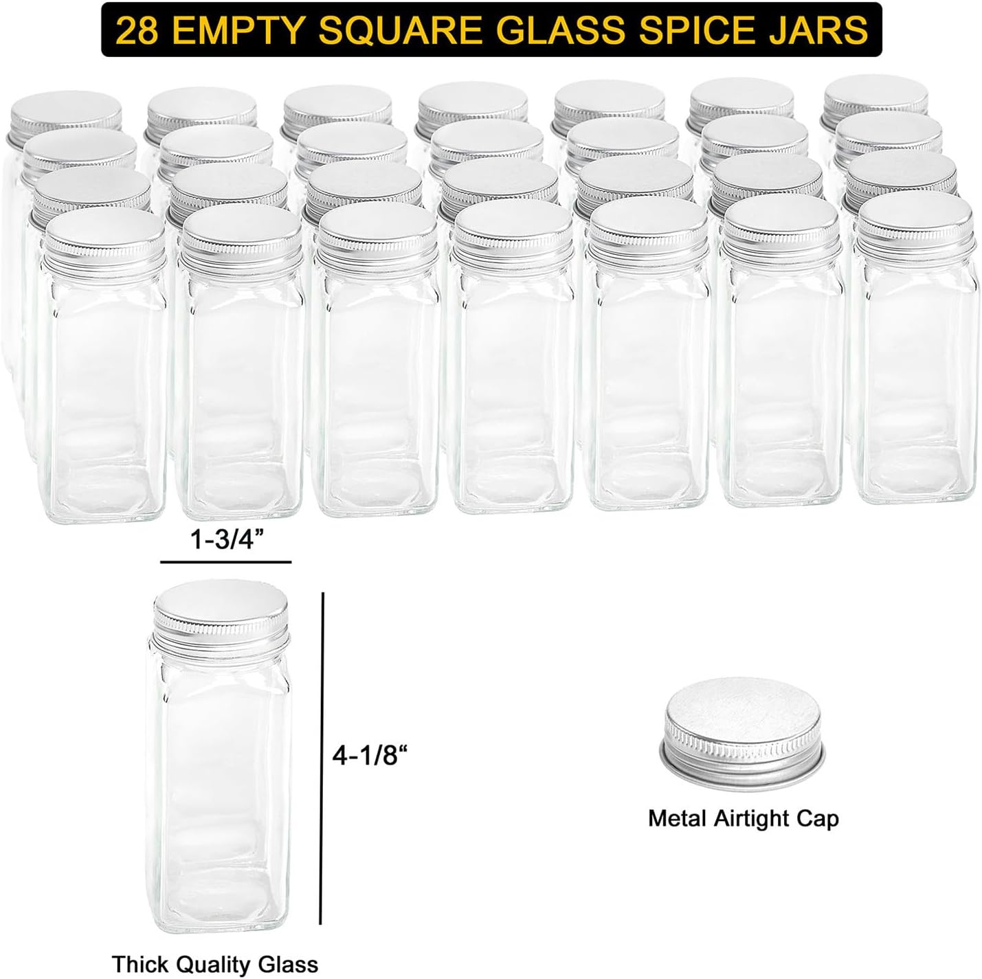 Spice Rack Organizer with 32 Spice Jars, 386 Spice Labels, Chalk Marker and Funnel Set for Cabinet, Countertop, Pantry, Cupboard or Door & Wall Mount - 32 Jars, 15.3" W × 10.8" H, Black