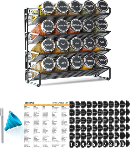 Spice Rack Organizer with 32 Spice Jars, 386 Spice Labels, Chalk Marker and Funnel Set for Cabinet, Countertop, Pantry, Cupboard or Door & Wall Mount - 32 Jars, 15.3" W × 10.8" H, Black