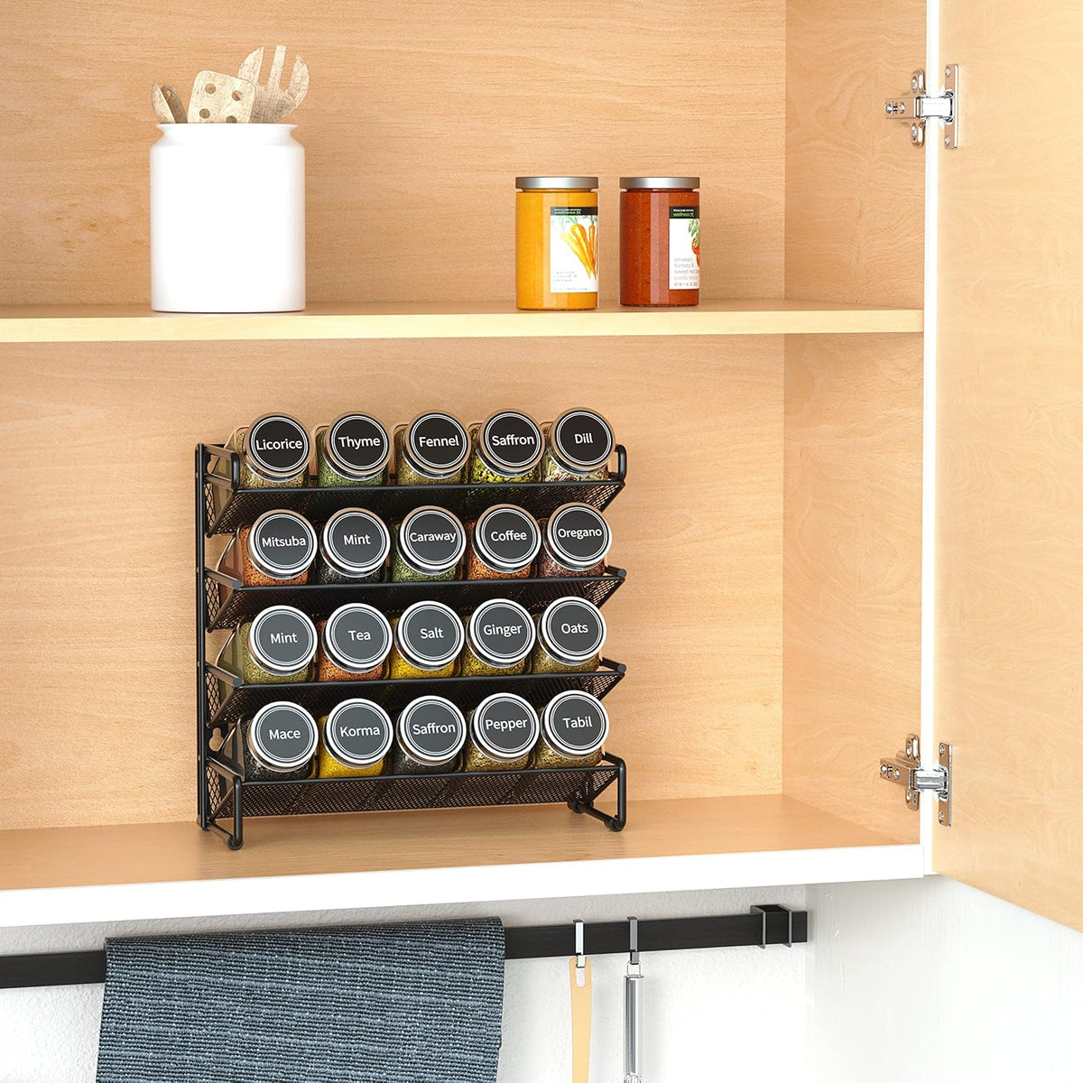 Spice Rack Organizer with 32 Spice Jars, 386 Spice Labels, Chalk Marker and Funnel Set for Cabinet, Countertop, Pantry, Cupboard or Door & Wall Mount - 32 Jars, 15.3" W × 10.8" H, Black