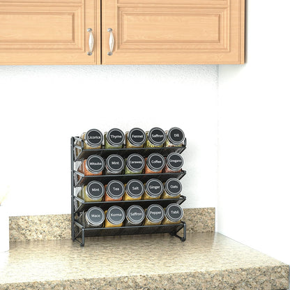 Spice Rack Organizer with 32 Spice Jars, 386 Spice Labels, Chalk Marker and Funnel Set for Cabinet, Countertop, Pantry, Cupboard or Door & Wall Mount - 32 Jars, 15.3" W × 10.8" H, Black