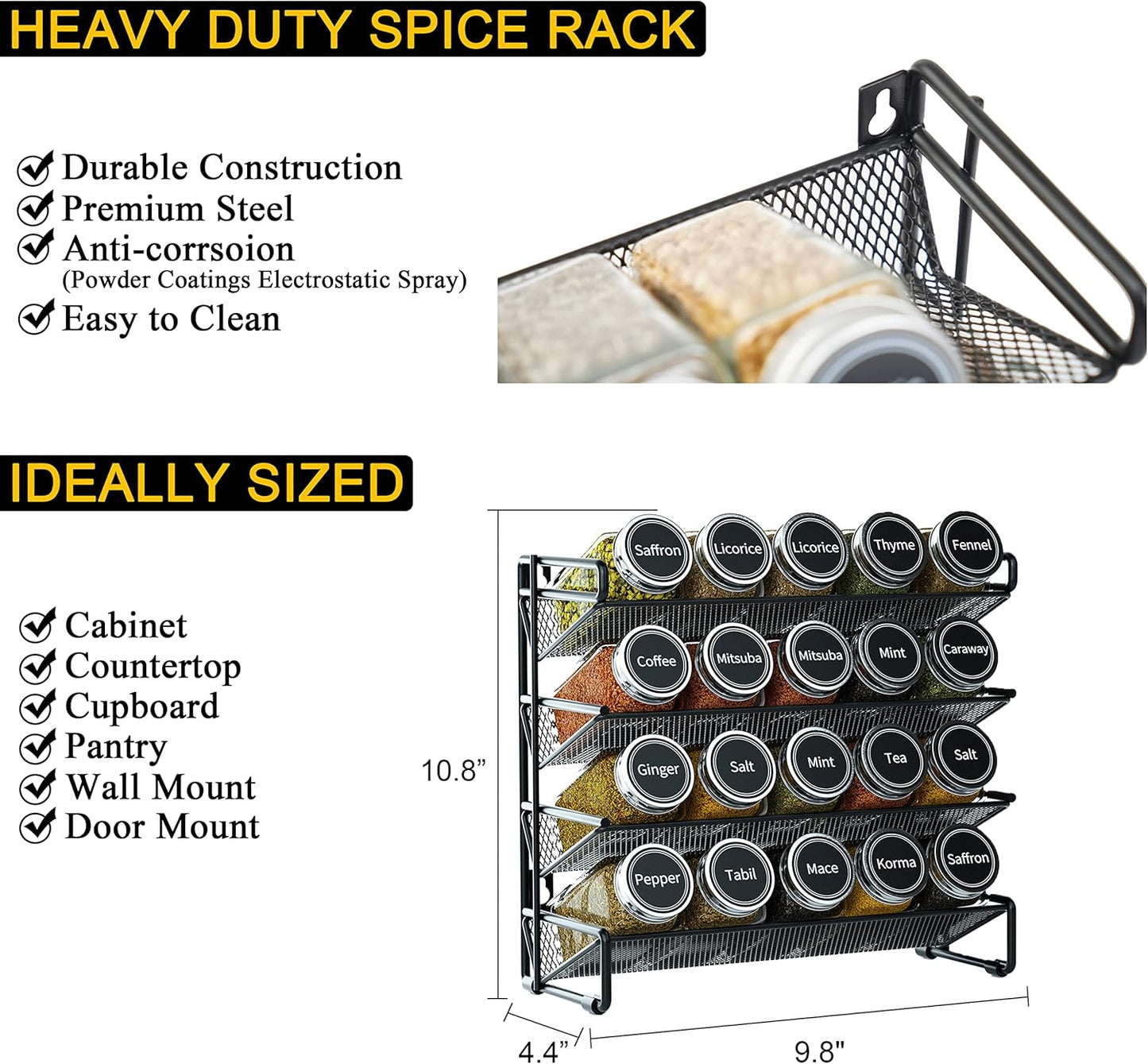 Spice Rack Organizer with 32 Spice Jars, 386 Spice Labels, Chalk Marker and Funnel Set for Cabinet, Countertop, Pantry, Cupboard or Door & Wall Mount - 32 Jars, 15.3" W × 10.8" H, Black