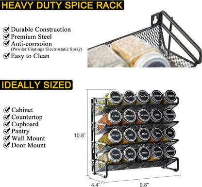 Spice Rack Organizer with 32 Spice Jars, 386 Spice Labels, Chalk Marker and Funnel Set for Cabinet, Countertop, Pantry, Cupboard or Door & Wall Mount - 32 Jars, 15.3" W × 10.8" H, Black