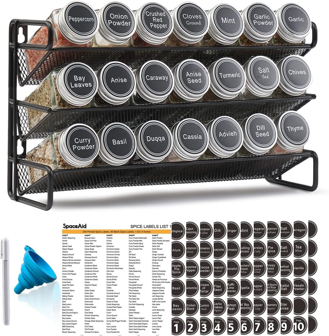 Spice Rack Organizer with 32 Spice Jars, 386 Spice Labels, Chalk Marker and Funnel Set for Cabinet, Countertop, Pantry, Cupboard or Door & Wall Mount - 32 Jars, 15.3" W × 10.8" H, Black