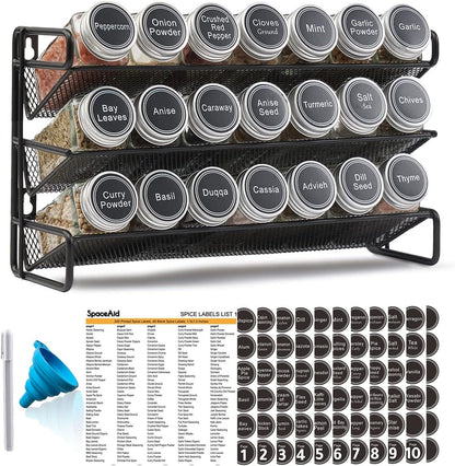 Spice Rack Organizer with 32 Spice Jars, 386 Spice Labels, Chalk Marker and Funnel Set for Cabinet, Countertop, Pantry, Cupboard or Door & Wall Mount - 32 Jars, 15.3" W × 10.8" H, Black