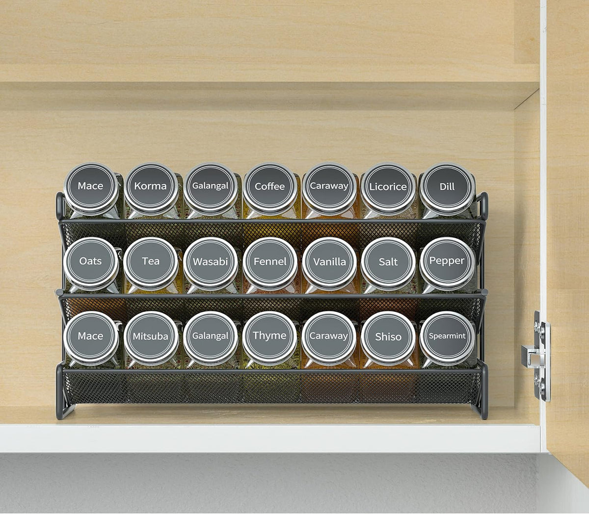 Spice Rack Organizer with 32 Spice Jars, 386 Spice Labels, Chalk Marker and Funnel Set for Cabinet, Countertop, Pantry, Cupboard or Door & Wall Mount - 32 Jars, 15.3" W × 10.8" H, Black