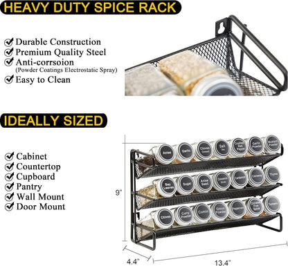 Spice Rack Organizer with 32 Spice Jars, 386 Spice Labels, Chalk Marker and Funnel Set for Cabinet, Countertop, Pantry, Cupboard or Door & Wall Mount - 32 Jars, 15.3" W × 10.8" H, Black