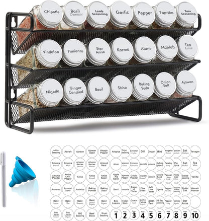 Spice Rack Organizer with 32 Spice Jars, 386 Spice Labels, Chalk Marker and Funnel Set for Cabinet, Countertop, Pantry, Cupboard or Door & Wall Mount - 32 Jars, 15.3" W × 10.8" H, Black
