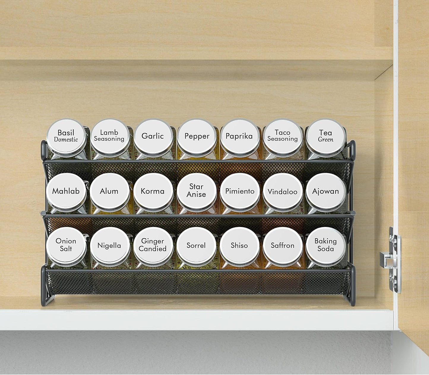 Spice Rack Organizer with 32 Spice Jars, 386 Spice Labels, Chalk Marker and Funnel Set for Cabinet, Countertop, Pantry, Cupboard or Door & Wall Mount - 32 Jars, 15.3" W × 10.8" H, Black