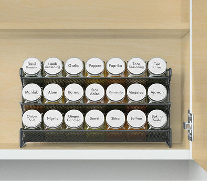 Spice Rack Organizer with 32 Spice Jars, 386 Spice Labels, Chalk Marker and Funnel Set for Cabinet, Countertop, Pantry, Cupboard or Door & Wall Mount - 32 Jars, 15.3" W × 10.8" H, Black