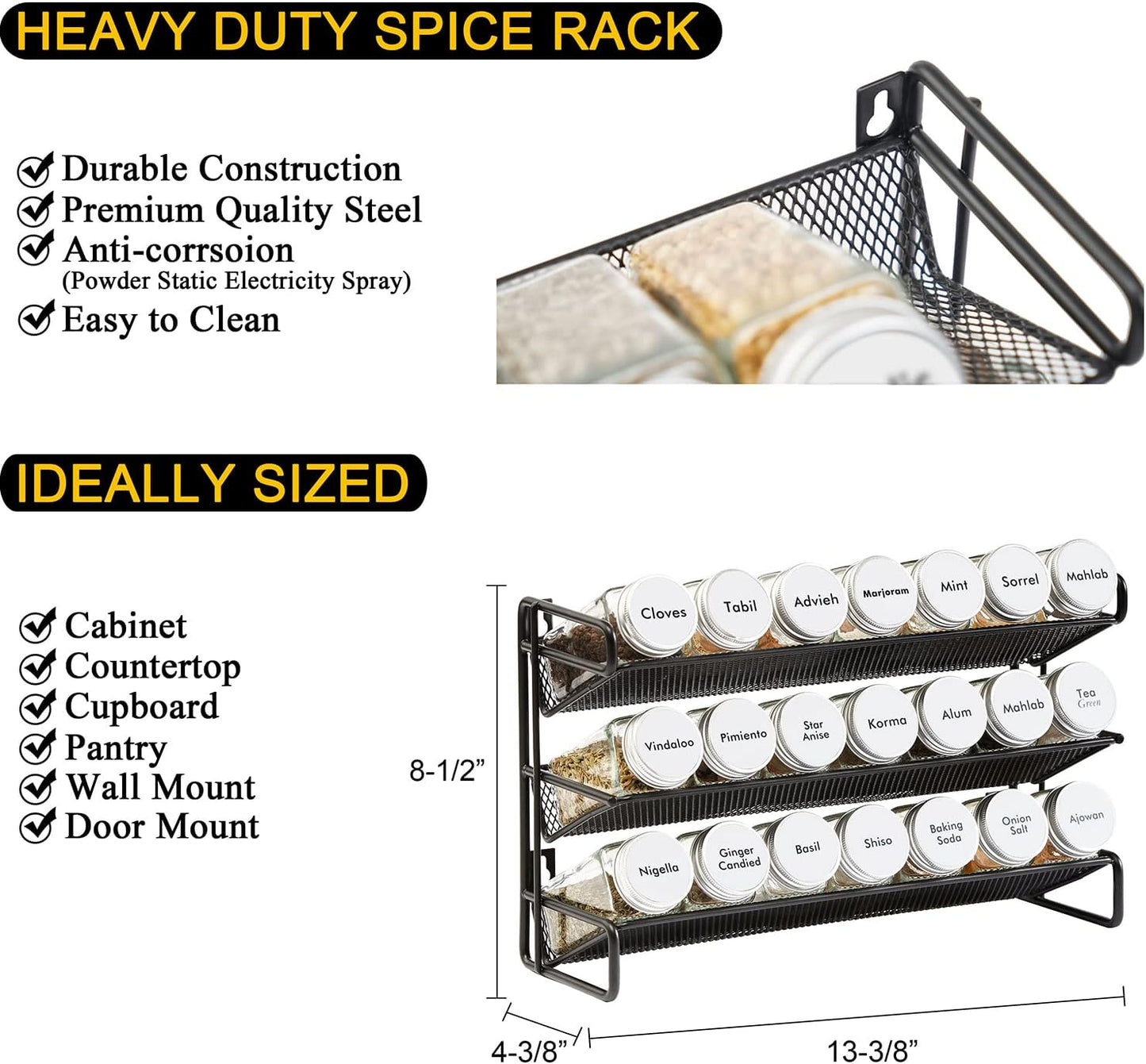 Spice Rack Organizer with 32 Spice Jars, 386 Spice Labels, Chalk Marker and Funnel Set for Cabinet, Countertop, Pantry, Cupboard or Door & Wall Mount - 32 Jars, 15.3" W × 10.8" H, Black