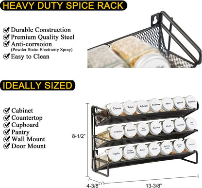 Spice Rack Organizer with 32 Spice Jars, 386 Spice Labels, Chalk Marker and Funnel Set for Cabinet, Countertop, Pantry, Cupboard or Door & Wall Mount - 32 Jars, 15.3" W × 10.8" H, Black
