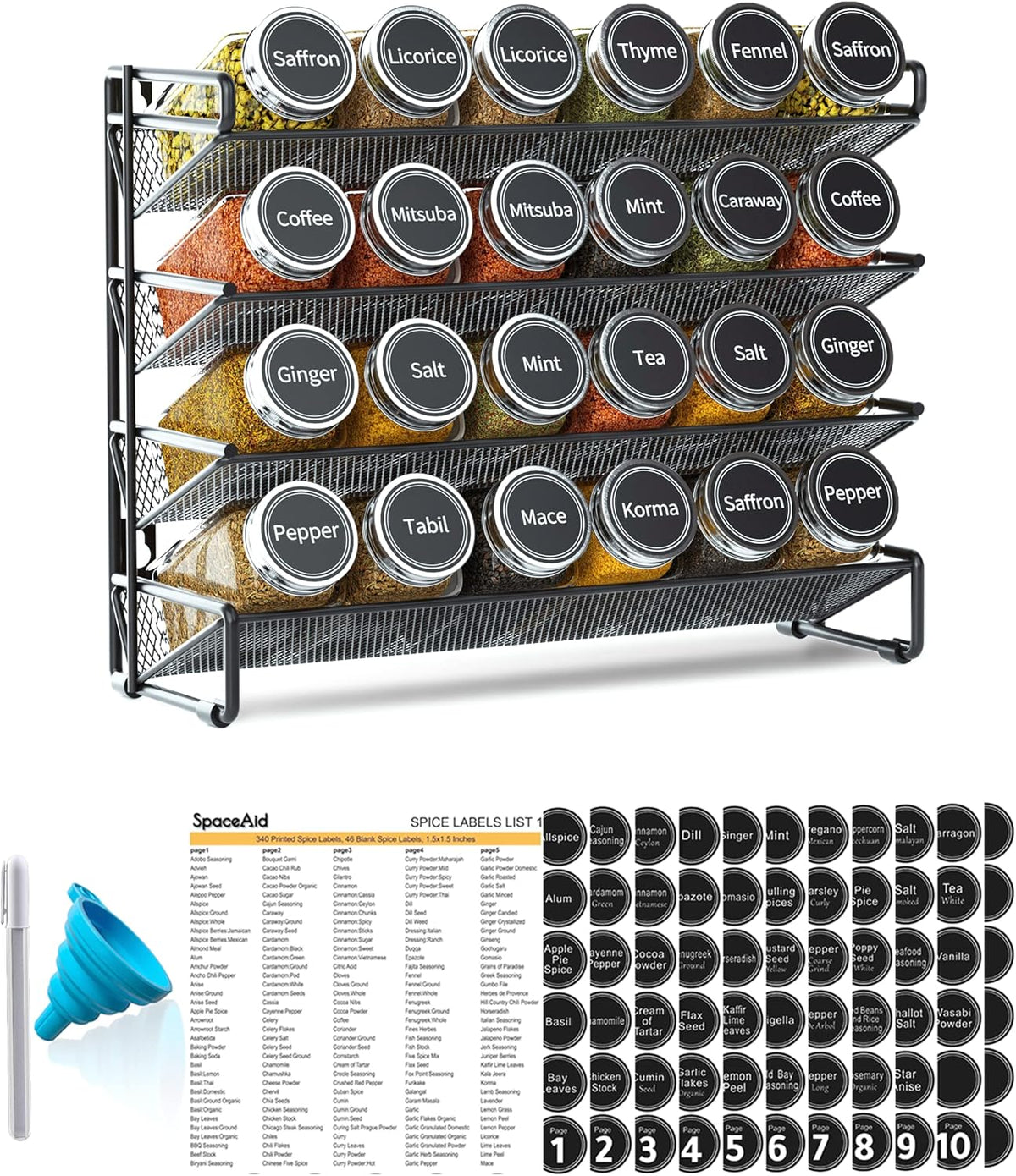 Spice Rack Organizer with 32 Spice Jars, 386 Spice Labels, Chalk Marker and Funnel Set for Cabinet, Countertop, Pantry, Cupboard or Door & Wall Mount - 32 Jars, 15.3" W × 10.8" H, Black