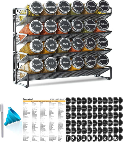 Spice Rack Organizer with 32 Spice Jars, 386 Spice Labels, Chalk Marker and Funnel Set for Cabinet, Countertop, Pantry, Cupboard or Door & Wall Mount - 32 Jars, 15.3" W × 10.8" H, Black