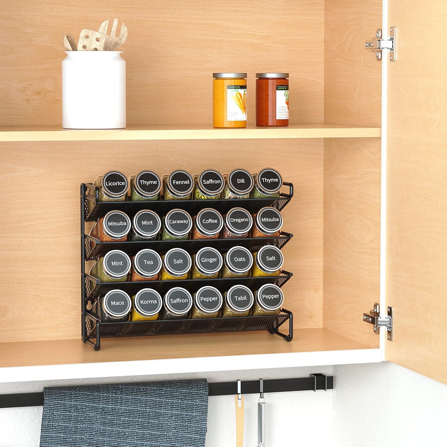 Spice Rack Organizer with 32 Spice Jars, 386 Spice Labels, Chalk Marker and Funnel Set for Cabinet, Countertop, Pantry, Cupboard or Door & Wall Mount - 32 Jars, 15.3" W × 10.8" H, Black